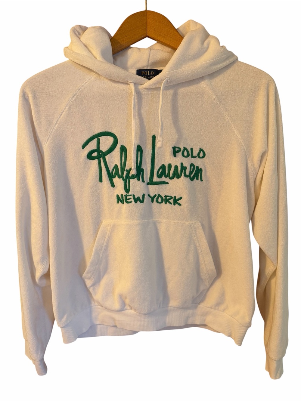 Ralph Lauren White Crewneck Hoodie with Green Script Logo